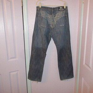 Y2K Brooklyn Express Baggy Jeans Size 38x32 Embroidered Eagle Biker Rock Grunge